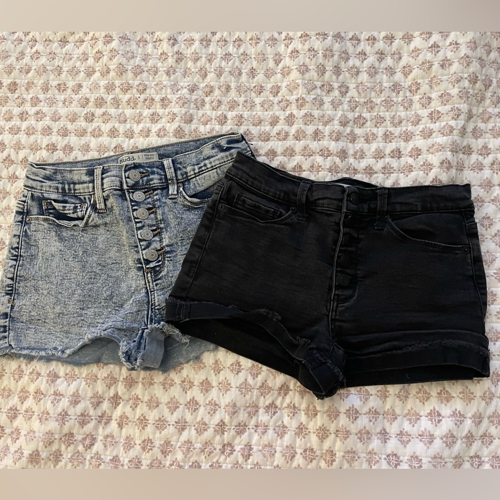 Two pairs of Mudd high rise shortie denim shorts.